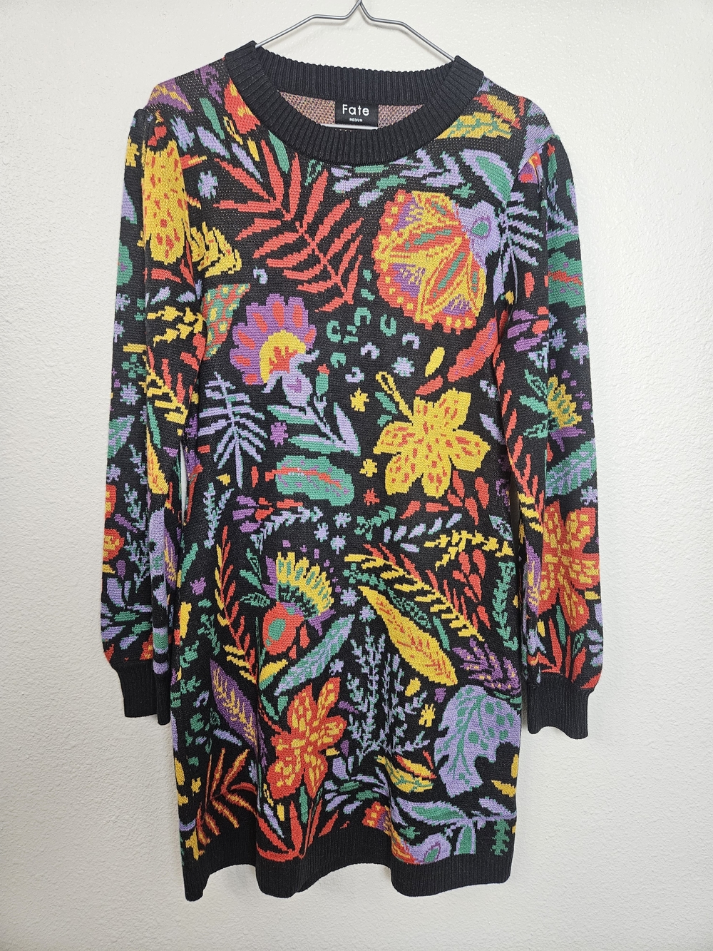 Fate Black Floral Knit Mini Dress with Multicolor Blooms - Picture 2 of 6